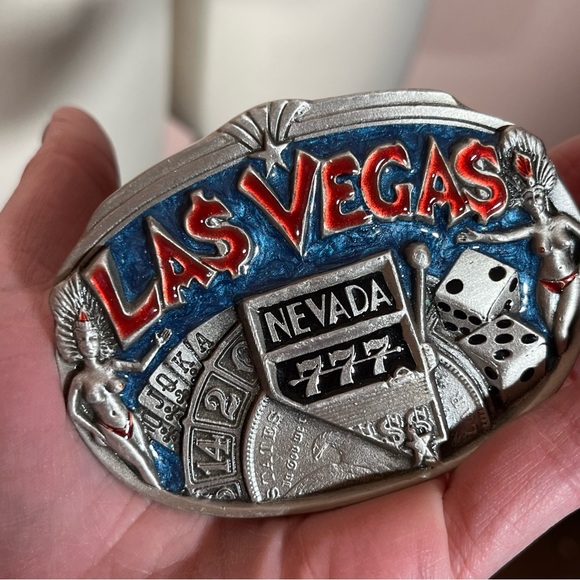 Vintage 1980's Las Vegas Heavy silver western trucker belt buckle made in USA - Picture 8 of 17